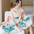 Detailed view of the Chinese style floral printed thick cashmere feel shawl and winter scarf. - 07_Cyan Sun-Drenched Lotus - Green & Orange