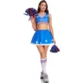 Vue détaillée de l'ensemble de costume de pom-pom girl bleu et blanc avec détails. - S / Haut et Bas / Imprimé