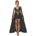 Greek goddess dress detail view with black fabric and gold accents for costume. - S / Dresses / Black