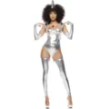 Silver metallic costume detail showing the shiny corset top, matching bottoms, and accessories. - S / Top And Bottom / Silver