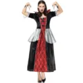 Detailed view of the gothic vampire queen costume, featuring red lace and black velvet design. - M / Dresses