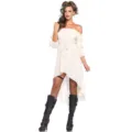 Vue détaillée de la magnifique robe rétro médiévale beige asymétrique avec ceinture. - M / Robes / Blanc