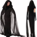 Zwarte heks kostuum jurk met capuchon voor dames, perfect voor Halloween cosplay en feesten. - Eén maat / Set / Zwart