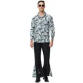 Retro 70s disco party costume detail view, featuring bold abstract print shirt and flared pants. - M / Top And Bottom