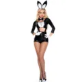 Sexy lederen konijnen kostuum set met oren en visnet kousen voor een leuk Halloween feest. - Eén maat / Set / Zwart