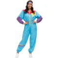 Close-up detail of the retro 80s color-block jumpsuit, vibrant blue pink yellow design zipper. - M / Set / Color Block
