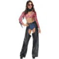 70s retro cowgirl costume set featuring red fringed crop top, shorts and chaps for festival. - M / Set (Without Hat)