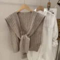 Gebreide sjaal trui vest omslagdoek, beige ribbel breisel laagjes cape voor dames. - Abrikoos
