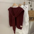Knitted woolen shawl fake collar for women, stylish layered winter accessory detail view - Wine Red