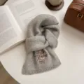 Grey knit scarf detail, cozy winter neck warmer with brown embroidery, soft wool texture close-up - 5# Light Grey