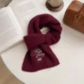 Thick knitted winter scarf in deep wine red with elegant English embroidery detail. - 10# Purplish Red