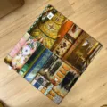 Gedetailleerd uitzicht van retro olieverf patchwork katoenen vierkante sjaal en hoofdband. - Gesneden Leuning Vierkante Sjaal