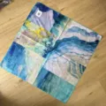 Vue détaillée du carré de coton imprimé patchwork peinture à l'huile rétro chic. - Écharpe Carrée Paysage Bleu