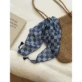 Retro blue floral checkered small scarf twilly with tassels, elegant literary neck scarf. - Blue Floral