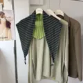 Korean style double sided triangular scarf set with knitted top, elegant autumn fashion choice. - 05_Green Striped