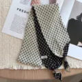 Close-up of retro knitted small scarf with geometric jacquard pattern and delicate beaded ends. - 13 Beige Small Checkered