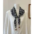 Retro black and white plaid cotton linen triangle scarf with bead charms for stylish layering. - Black & White Check