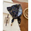 Vintage floral triangle scarf for women, cotton linen kerchief with beads and ties for daily wear. - Navy Blue Floral