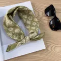 Green retro printed small square scarf detail, soft cotton fabric, vintage bandana accessory. - Picture #7