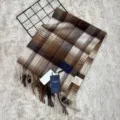 Detailed view of the retro plaid 100% Australian wool scarf, winter warm neck wrap. - Striped Brown