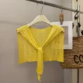 Yellow hollow knitted mini shawl for women, stylish cute summer fashion lace up cape top. - Bright yellow