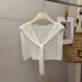 Women white knitted hollow shawl capelet summer casual sweet hollow out bow tie fashion top - Ivory