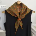 Retro olive green cotton triangle scarf with orange geometric print and ruffled edges. - Orange Green Polka Dot