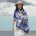 Ethischer Stil Kaschmir Gefühl Damen Schal Winter warme Mode ethnische Jacquard Stola - Mondlicht-Herbstblumen - Königsblau
