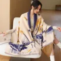 Chinese style autumn and winter warm imitation cashmere shawl scarf cape with elegant lotus design - 08_Ginger Sun-Drenched Lotus - Blue & Yellow