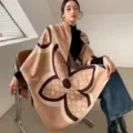 Stylish imitation cashmere shawl scarf with classic monogram pattern, warm and elegant. - 10_Camel Four Grasses - Camel