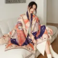 Cozy autumn winter imitation cashmere shawl scarf with elegant vintage marine print cape design - 12_Navy Blue Eurostar - Orange