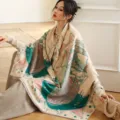 Thickened imitation cashmere shawl scarf, vintage ship print cape, warm winter variant. - 13_Emerald Green Eurostar - Green & Pink