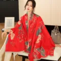 Chinese style autumn winter cashmere feel shawl scarf thick warm vintage cape for women. - 16_Scarlet National Grace - Red
