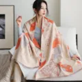 Chinese style imitation cashmere shawl scarf, elegant beige winter warm shawl variant. - 17_Lotus Root National Grace - Orange & Beige
