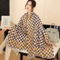 Thickened imitation cashmere shawl scarf with blue checkered and golden patterns for women. - 19_ Light Yellow Plaid Floral - Blue & Yellow
