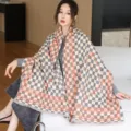 Cozy gray and orange checkerboard cashmere-feel shawl scarf, elegant winter warm wrap for women. - 21_ Gray Plaid Floral - Gray