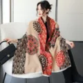 Knit Cashmere Feel Shawl Scarf Khaki Red Floral Pattern Thickened Winter Cape Variant - 22_ Light Orange-Red Baoxiang Motif - National Red