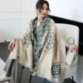 Elegant women's cashmere feel winter shawl scarf cape, stylish green floral design thick warm. - 23_ Dark Green Baoxiang Motif - National Green