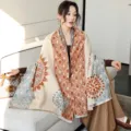 Cashmere-feel winter women shawl scarf, ethnic print warm thick cape cloak, stylish daily wear. - 25_ Light Brown Baoxiang Motif - National Orange