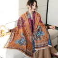 Chic ethnic style cashmere-feel winter shawl and scarf variant, thick and warm outerwear. - 26_ Chocolate Galsang Flower - Orange