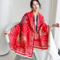 Chinese style autumn winter cashmere feel warm tassel shawl wrap versatile scarf cozy - 27_ Elegant Red Galsang Flower - Red