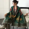 Thick imitation cashmere shawl scarf, retro ethnic pattern winter warm cape for women. - 28_ Dark Green Galsang Flower - Dark Green