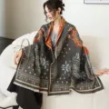 Chic ethnic winter cashmere-feel scarf shawl, thick warm reversible cape for women fashion. - 29_ Light Gray Galsang Flower - Gray