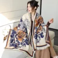 Chic Chinese style imitation cashmere scarf shawl, thick warm winter cape variant. - 31_ Dark Navy Blue Elegant Peony - Orange