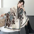 Elegant Chinese style floral imitation cashmere shawl, winter thick warm cape scarf variant. - 32_ Coffee Brown Elegant Peony - Blue Brown
