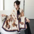 Thickened imitation cashmere shawl scarf with vintage floral print, elegant winter cape for women. - 34_ Light Chocolate Deer among Flowers - Orange & Beige