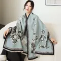 Elegant Chinese style imitation cashmere shawl cape, thickened warm winter outer wear for women. - 35_ Light Pale Blue Deer among Flowers - Light Blue