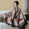 Beige floral cashmere-feel scarf variant, winter warm dual-purpose shawl and fashion cloak. - 36_ Dark Ink Green Deer among Flowers - Beige & Green
