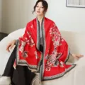 Elegant red imitation cashmere shawl scarf with exquisite floral pattern for women winter warmth. - 37_ Elegant Red Deer among Flowers - Red