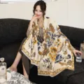 Chinese style autumn winter cashmere feel warm shawl scarf vintage floral design elegant - 38_ Golden Auspicious Lotus - Yellow